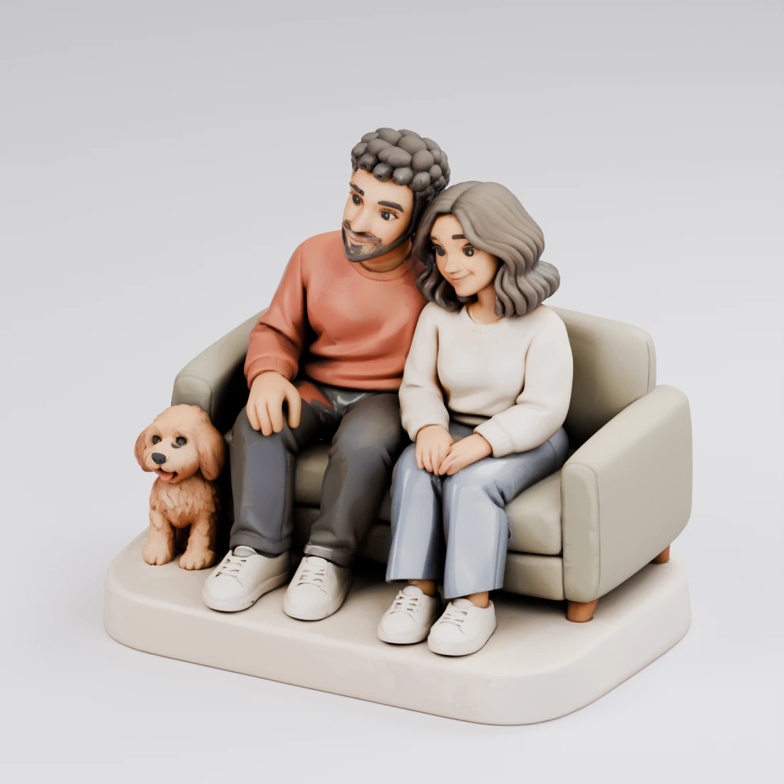 Three-quarter 3D design view of the couple and dog sofa keepsake